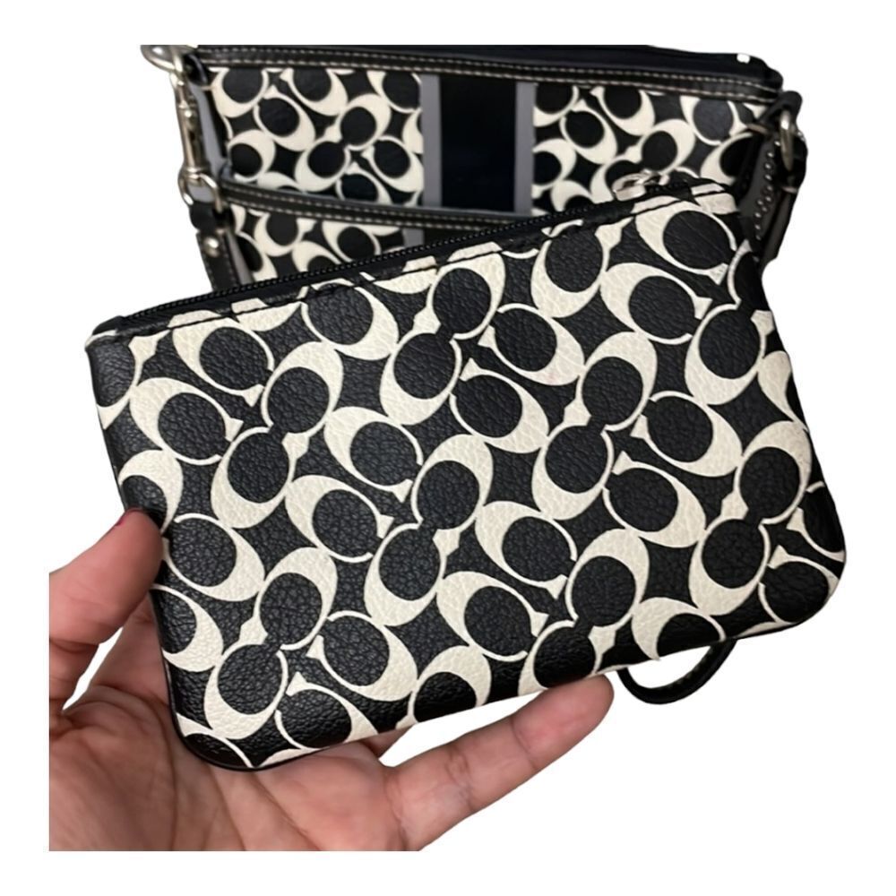 Coach F43893 3 Piece Set Signature Swing Pack Crossbody + Wristlet Black White - Picture 10 of 15